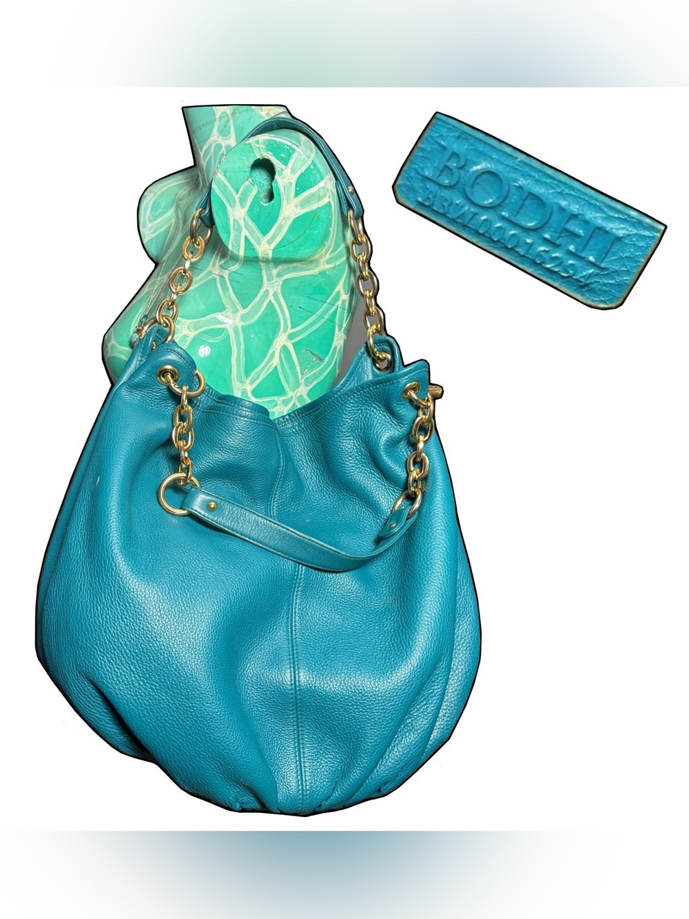 BODHI Teal Leather XL Hobo Bag with Gold Chain Handles